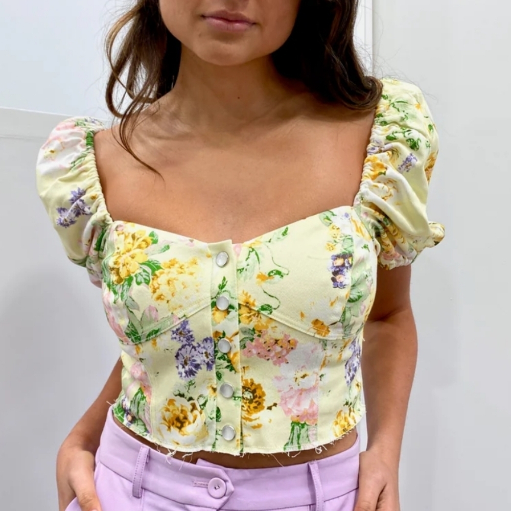 New!For Love and Lemons Chamomile Denim‎ Crop Top-Buttercream